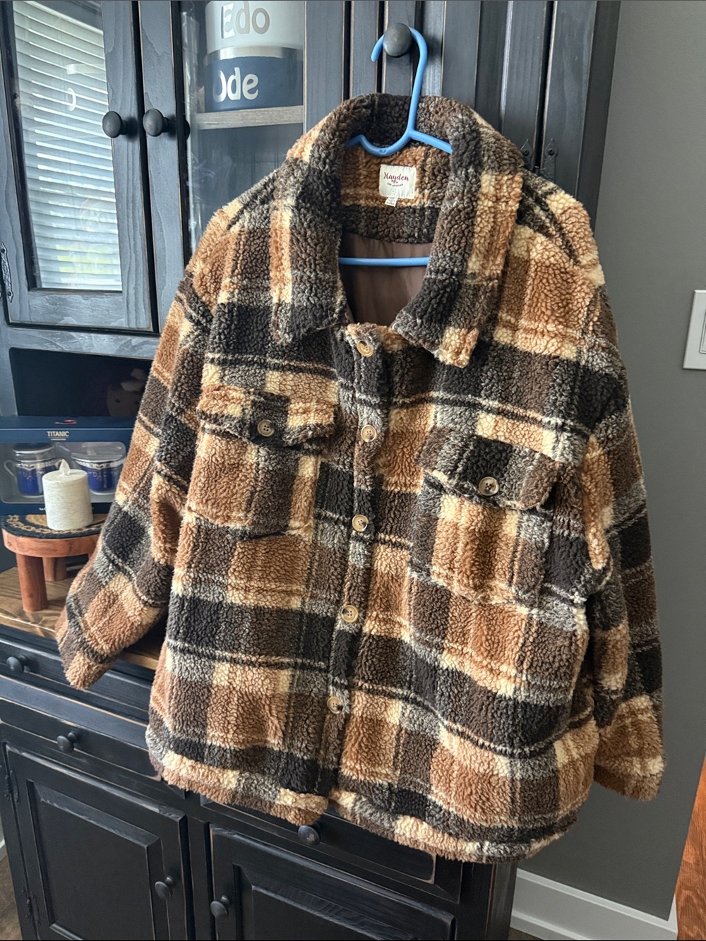 Hayden Plush Plaid Teddy Jacket - Brown & Black